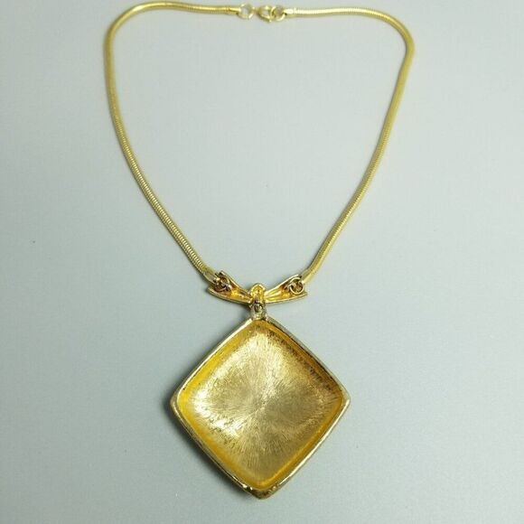 Vintage Blue Green Enamel Square Large Pendant Necklace, Gold Tone Setting - Picture 4 of 7
